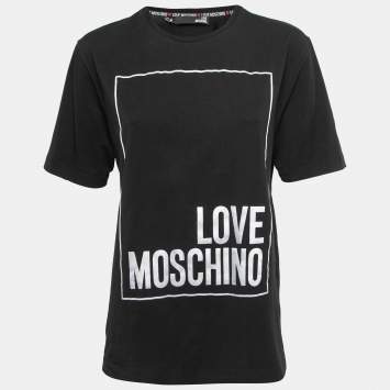 Pre Owned Love Moschino Logo Printed Black Cotton Crew Neck Half Sleeve T-Shirt S