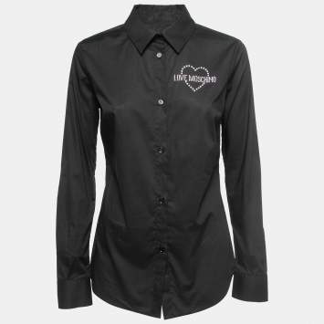 Pre Owned Love Moschino Black Cotton Rhinestone Embellished Logo Shirt M