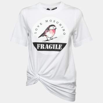Pre Owned Love Moschino White Logo Print Cotton Draped Half Sleeve T-Shirt S