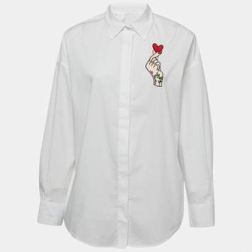 Pre Owned Love Moschino White Embroidered Cotton Full Sleeve Oversized Shirt M