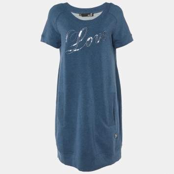 Pre Owned Love Moschino Blue Cotton Knit Sequin logo Embroidered Sweater Mini Dress M