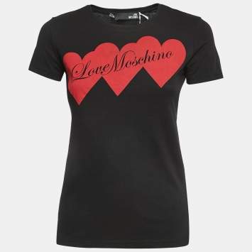 Pre Owned Love Moschino Black Logo Print Cotton Short Sleeve Slim Fit T-Shirt S