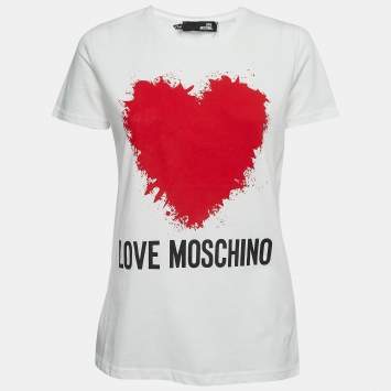 Pre Owned Love Moschino White Logo Heart Print Cotton Short Sleeve T-Shirt M