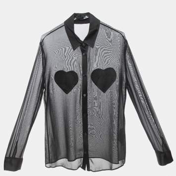 Pre Owned Love Moschino Black Chiffon Heart Patched Shirt L