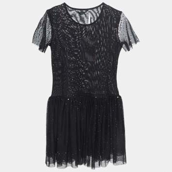 Pre Owned Love Moschino Black Dotted Tulle Gathered Mini Dress M