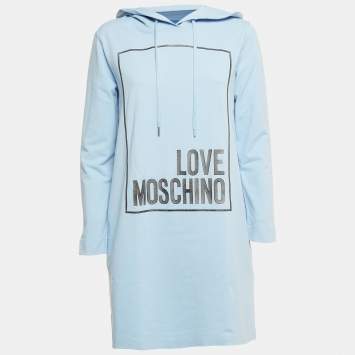 Pre Owned Love Moschino Blue Cotton Frame Logo Hoodie Dress S