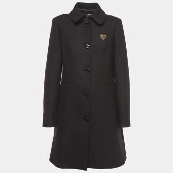 Pre Owned Love Moschino Black Wool Blend Logo Detail Mid-Length Coat M