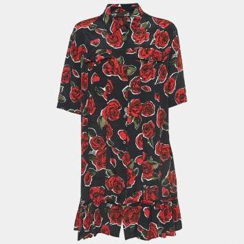 Pre Owned Love Moschino Black Rose Print Crepe Buttoned Mini Shirt Dress M