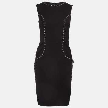 Pre Owned Love Moschino Black Studded Gabardine Sheath Dress S