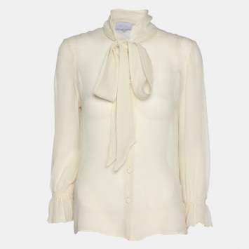 Pre Owned Luisa Beccaria Off White Chiffon Scarf Neck Button Front Blouse S