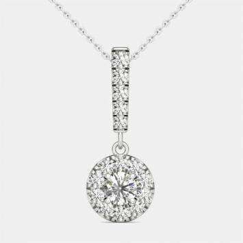 14K White Gold Natural Diamond Halo Stick Pendant Necklace (3/4 Ct)