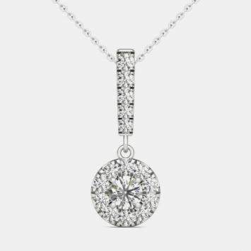 14K White Gold Natural Diamond Halo Stick Pendant Necklace (0.50 Ctw)