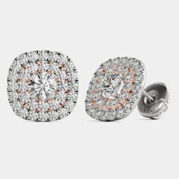 Pre Owned 14K Gold Natural Diamond Double Halo Screw Back Earrings (1.00 Ctw)
