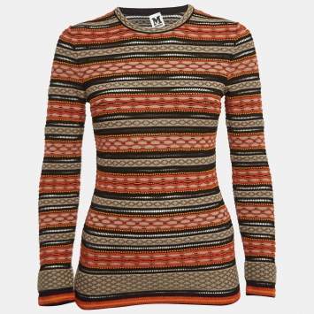 Pre Owned M Missoni Orange/Black Patterned Knit Long Sleeve Top S