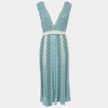 مملوكة مسبقًا M Missoni Blue Patterned Knit V-Neck Sleeveless Midi Dress L
