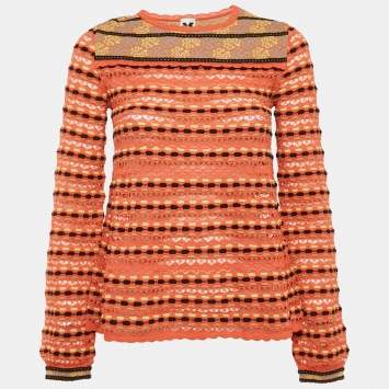 Pre Owned M Missoni Orange Pointelle Knit Long Sleeve Top S