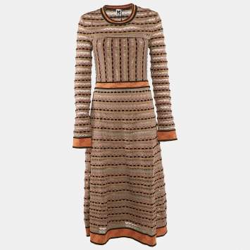 Pre Owned M Missoni Beige/Black Patterned Knit Long Sleeve Midi Dress M