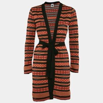 Pre Owned M Missoni Orange/Black Patterned Knit Long Cardigan S