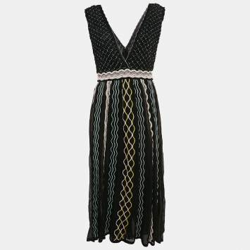 Pre Owned M Missoni Black/Blue Patterned Knit Plunge Neck Midi Dress L