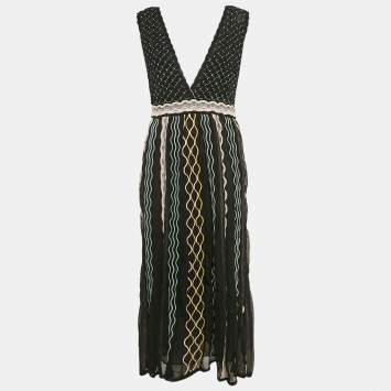 Pre Owned M Missoni Black/Blue Patterned Knit Plunge Neck Midi Dress L