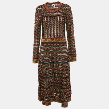 Pre Owned M Missoni Black/Orange Patterned Knit Long Sleeve Midi Dress L