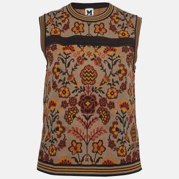 Pre Owned M Missoni Brown Floral Pattern Knit Sleeveless Top L