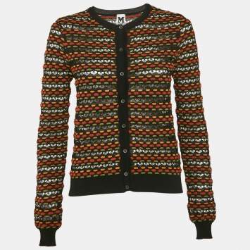 Pre Owned M Missoni Black/Orange Pointelle Knit Button Front Cardigan L
