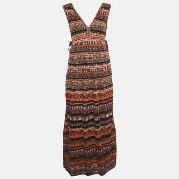 Pre Owned M Missoni Orange Patterned Lurex Knit Sleeveless Maxi Dress S