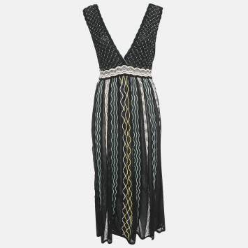 Pre Owned M Missoni Black/Blue Patterned Knit Plunge Neck Midi Dress M