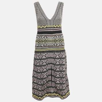 Pre Owned M Missoni Black/Pink Patterned Knit V-Neck Midi Dress S