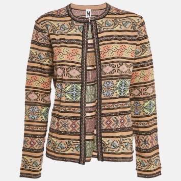 Pre Owned M Missoni Beige Floral Pattern Knit Full Sleeve Cardigan L