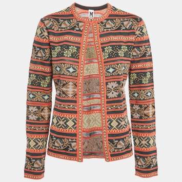 Pre Owned M Missoni Teal Green/Orange Floral Pattern Knit Cardigan M