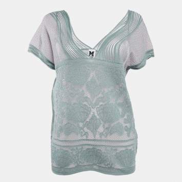 Pre Owned M Missoni Ice Blue Lurex Textured Knit V-Neck Top L