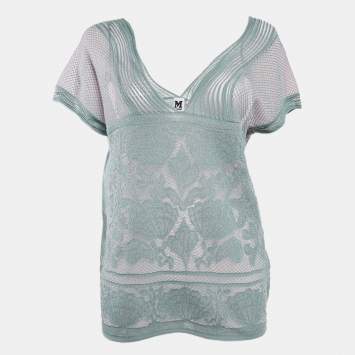 Pre Owned M Missoni Ice Blue Lurex Textured Knit V-Neck Top M