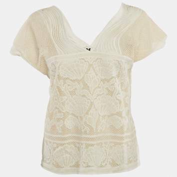 Pre Owned M Missoni White Patterned Lurex Knit V-Neck Top M