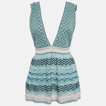Pre Owned M Missoni Blue Smocked Knit V-Neck Top M
