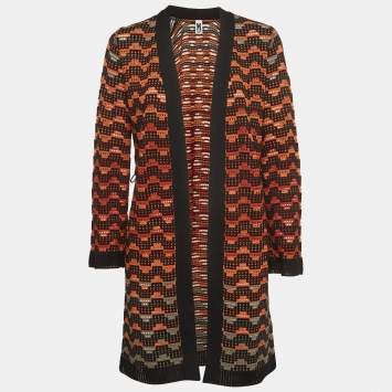 Pre Owned M Missoni Orange/Multicolor Patterned Knit Open Front Cardigan S