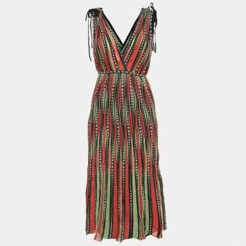 Pre Owned M Missoni Green/Orange Alga and Bubble Pattern Knit Sleeveless Midi Dress M
