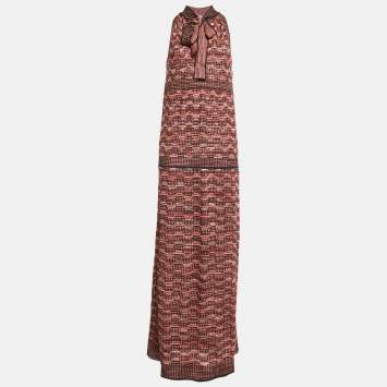 Pre Owned M Missoni Multicolor Patterned Lurex Knit Tie-Up Neck Detail Maxi Dress M