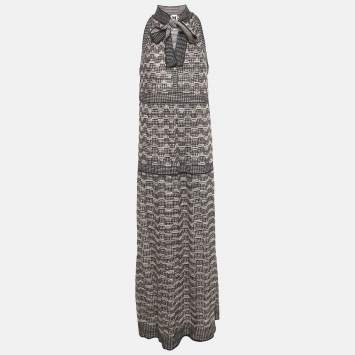 Pre Owned M Missoni Black /Pink Patterned Lurex Knit Neck Tie Detail Maxi Dress M