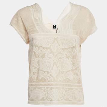 Pre Owned M Missoni White Seashell Pattern Lurex Knit V-Neck Top L