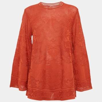 Pre Owned M Missoni Orange Floral Knit Flared Long Sleeve Top S