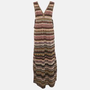 Pre Owned M Missoni Multicolor Stripe Knit Lurex V-Neck Maxi Dress M