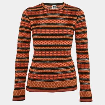 Pre Owned M Missoni Orange/Black Patterned Knit Full Sleeve Top L