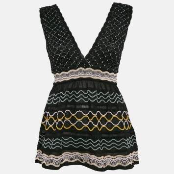 Pre Owned M Missoni Black Patterned Knit V-Neck Flared Top L