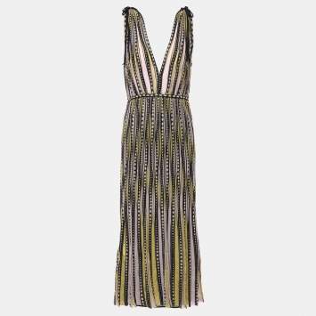 Pre Owned M Missoni Yellow / Black Patterned Lurex Knit Sleeveless Midi Dress M