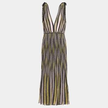 Pre Owned M Missoni Yellow / Black Patterned Lurex Knit Sleeveless Midi Dress L