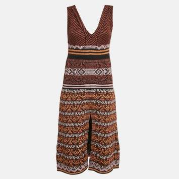 Pre Owned M Missoni Black/Orange Patterned Lurex Knit V-Neck Midi Dress S