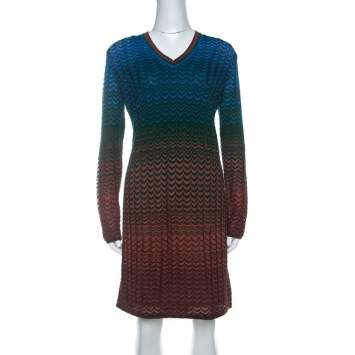 مملوكة مسبقًا M Missoni Multicolor Ombre Pattern Knit V Neck Dress M 