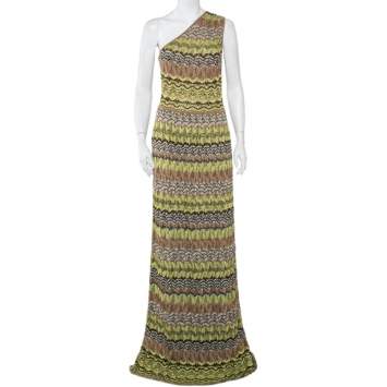 Pre Owned M Missoni Green Patterned Lurex Knit One-Shoulder Maxi Dress M